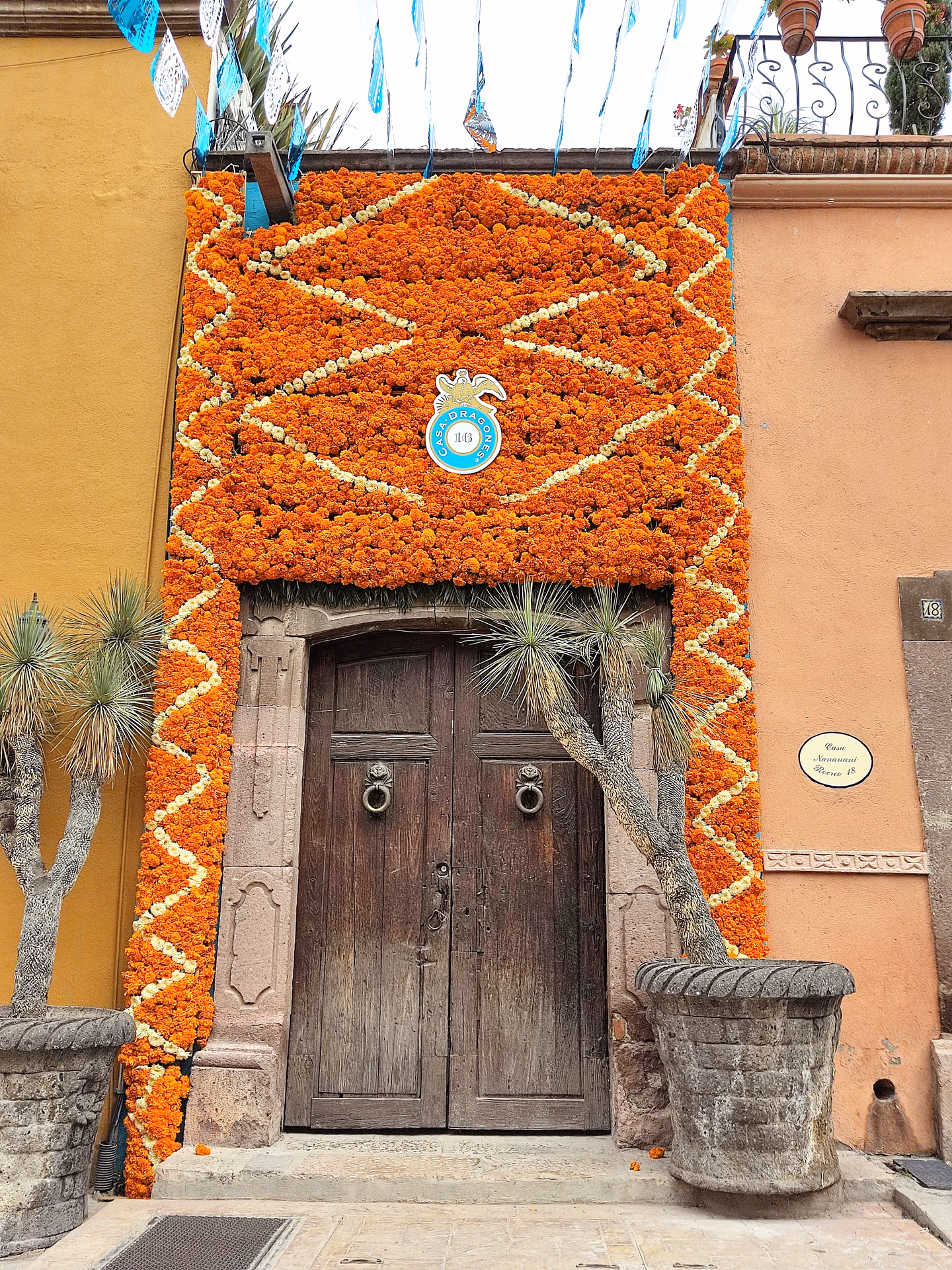 Dia de los Muertos marigold decorations around doorway